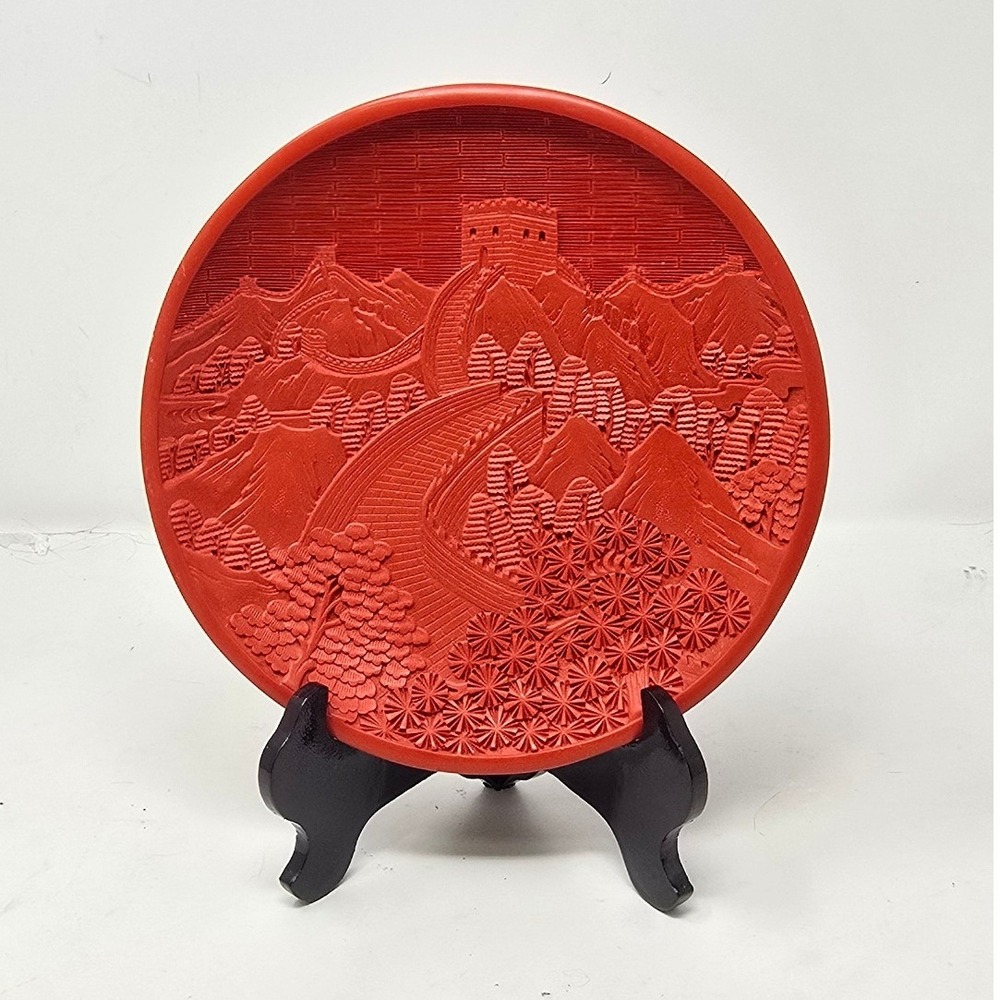 Vintage Chinese red Cinnabar style resin plate Great Wall of China relief decor
